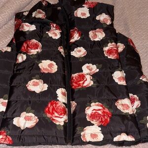 LOFT Black Quilted Puffer Vest with Red & Cream Rose Print